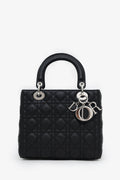Christian Dior 2023 Black Grained Cannage Calfskin Medium Lady Dior Bag With Strap