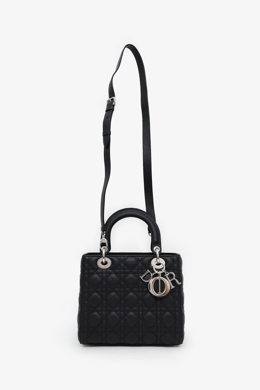 Christian Dior 2023 Black Grained Cannage Calfskin Medium Lady Dior Bag With Strap