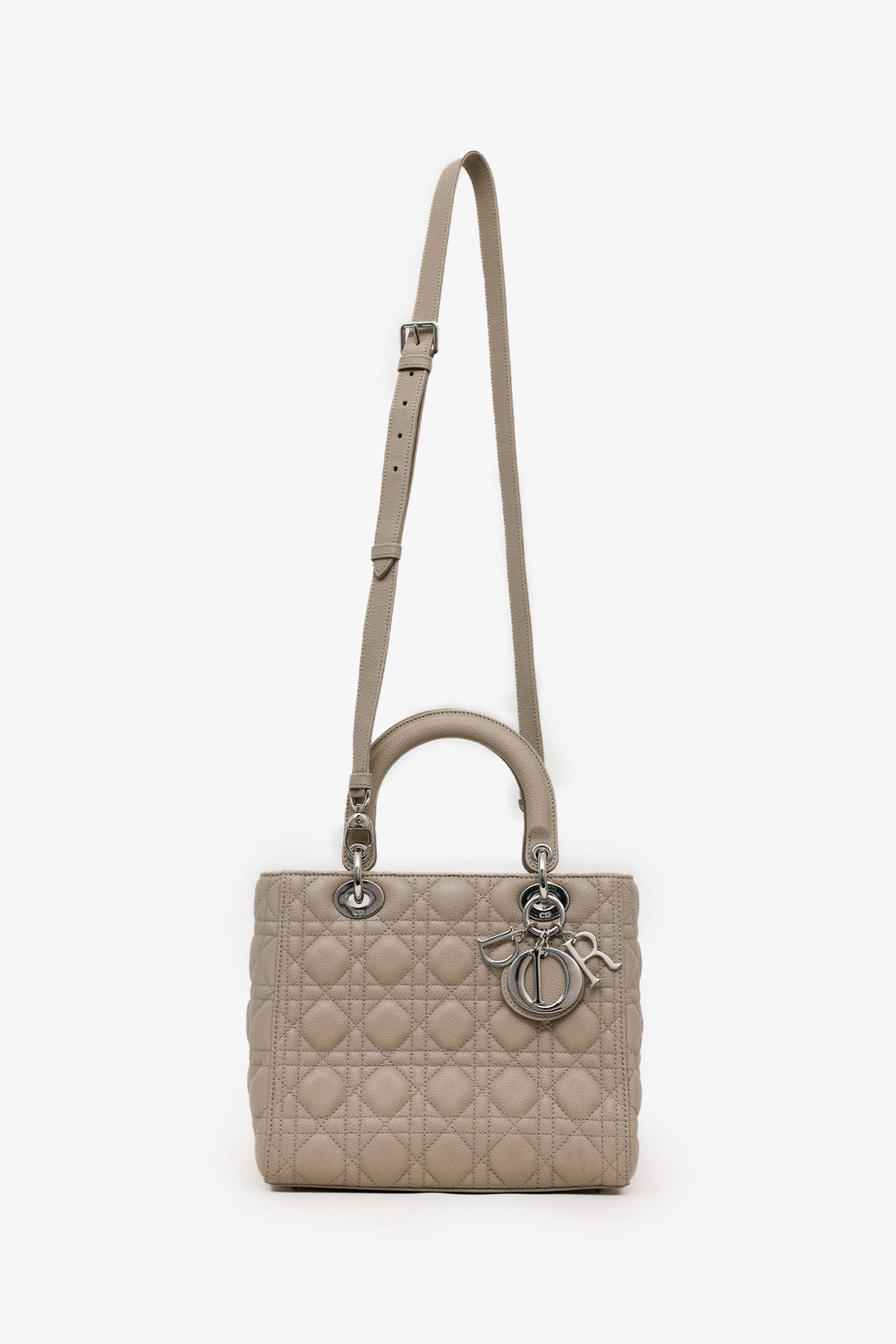 Christian Dior 2022 Taupe Grained Cannage Calfskin Medium Lady Dior Bag With Strap