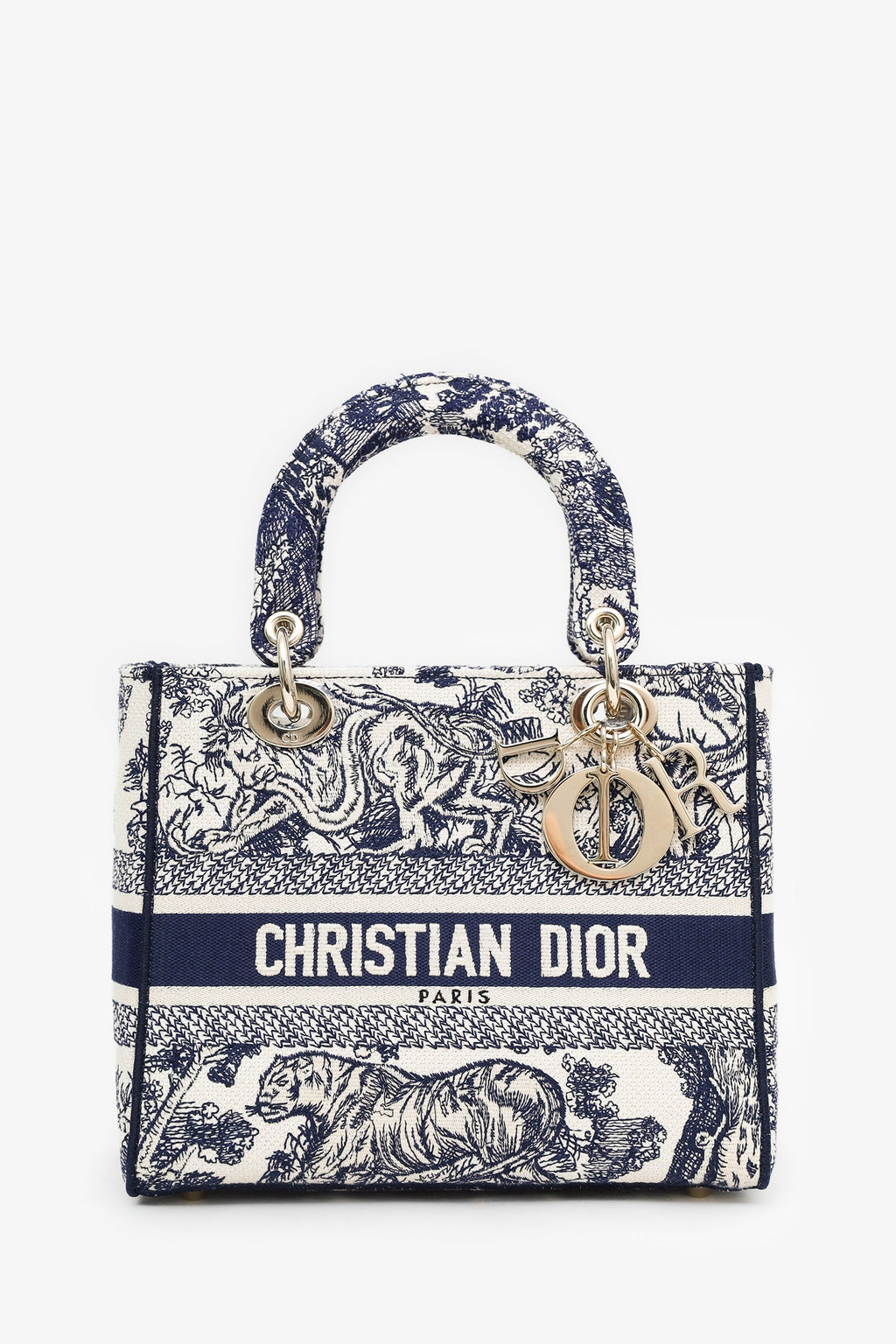 Christian Dior 2022 Navy/White Jacquard D-Lite Medium Top Handle With Strap