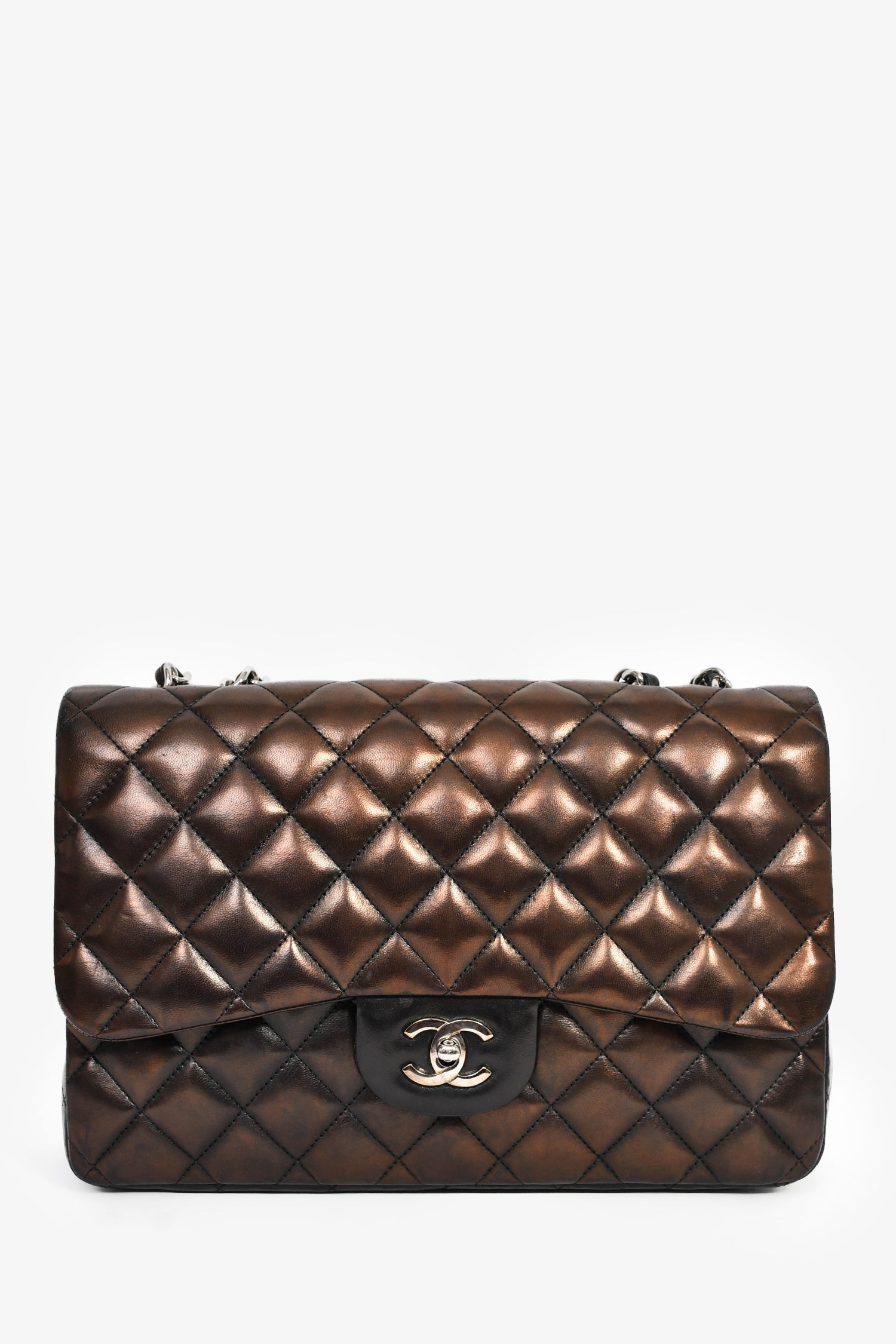 Pre-Loved Chanel™ 2009/2010 Brown/Black Lambskin Leather Metallic Single Flap Jumbo Bag