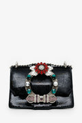 Miu Miu Black Sequin Leather Crystal Embellished Buckle Flap Shoulder Bag