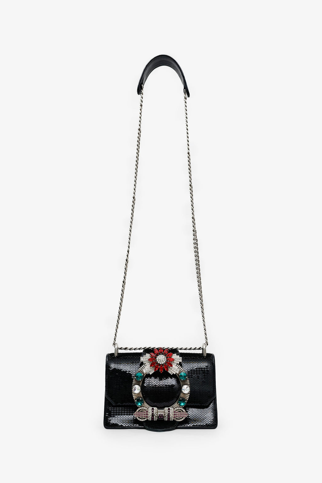 Miu Miu Black Sequin Leather Crystal Embellished Buckle Flap Shoulder Bag