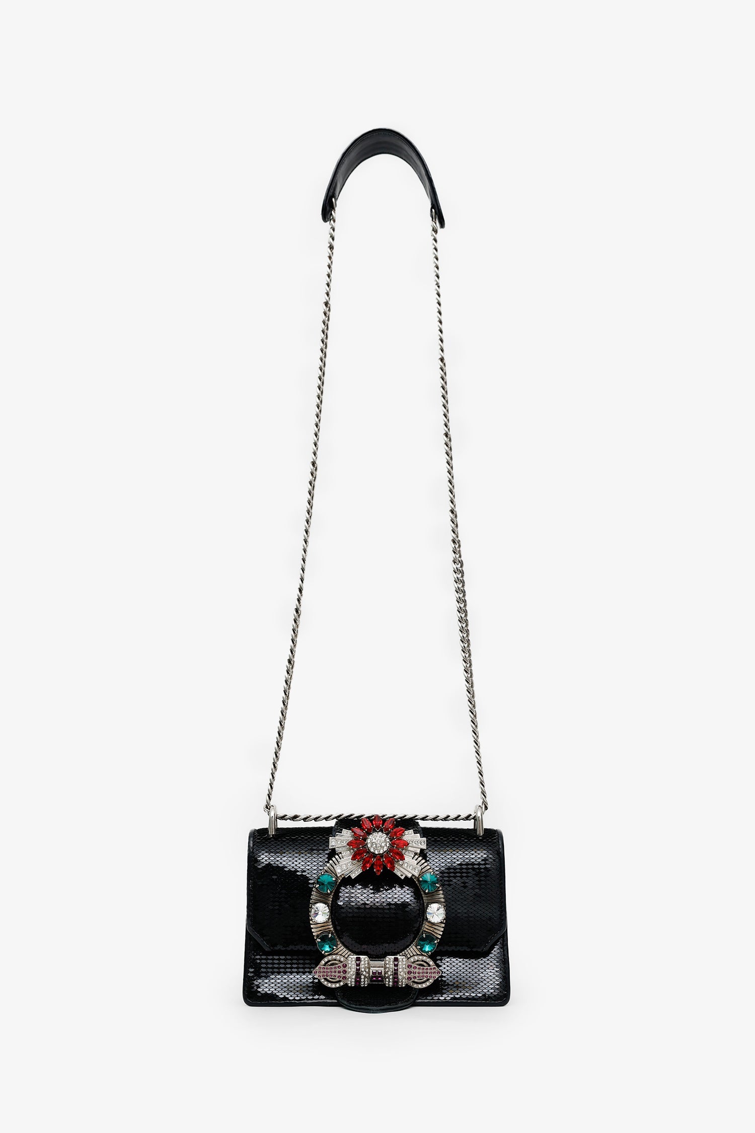 Miu Miu Black Sequin Leather Crystal Embellished Buckle Flap Shoulder Bag