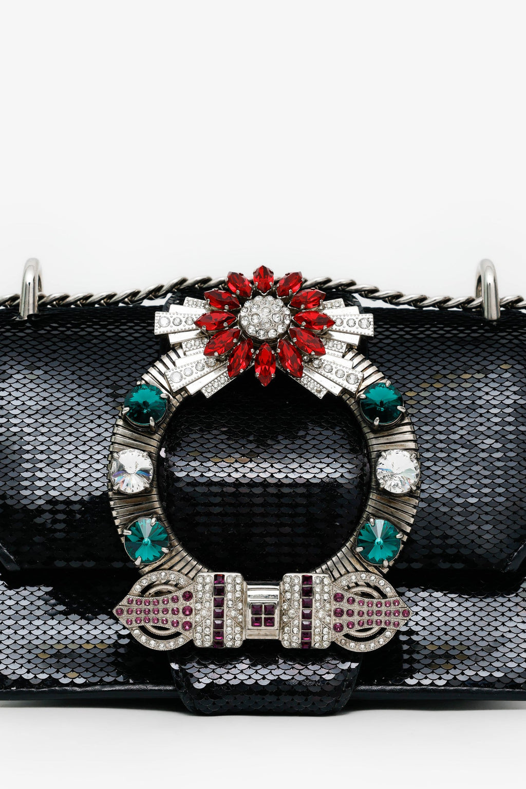 Miu Miu Black Sequin Leather Crystal Embellished Buckle Flap Shoulder Bag