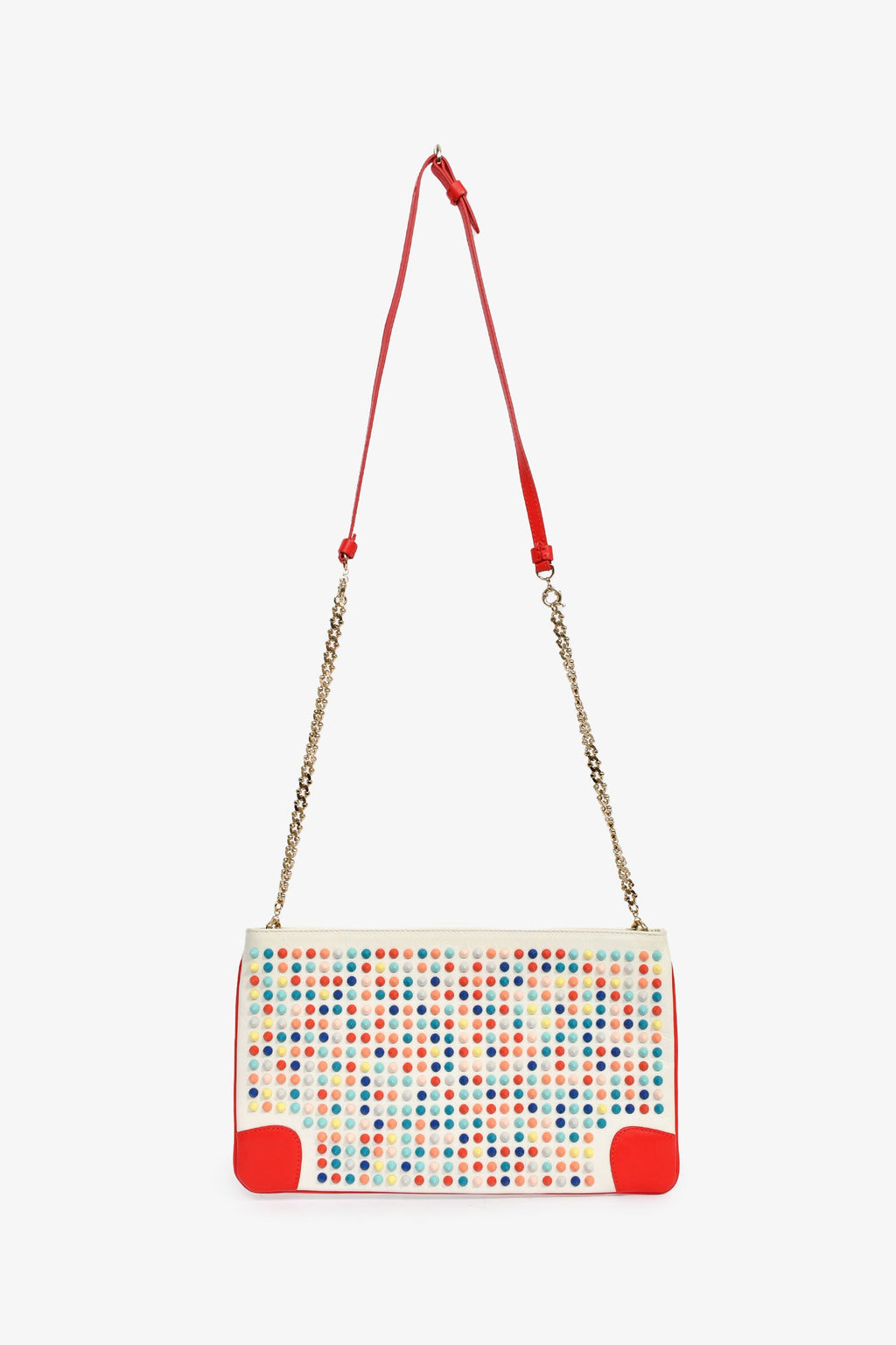 Christian Louboutin White/Red Leather Multicoloured Studded Clutch With Chain
