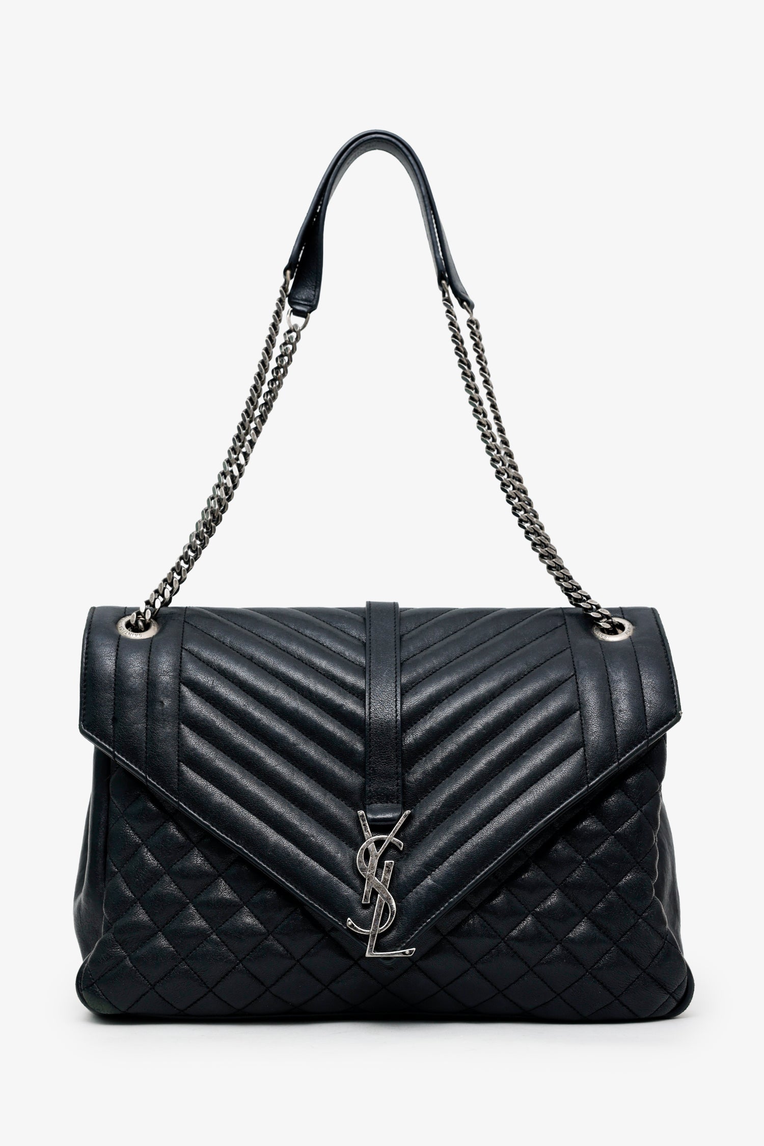 Saint Laurent Black Chevron Tri-Quilted Leather Monogram Large College Bag