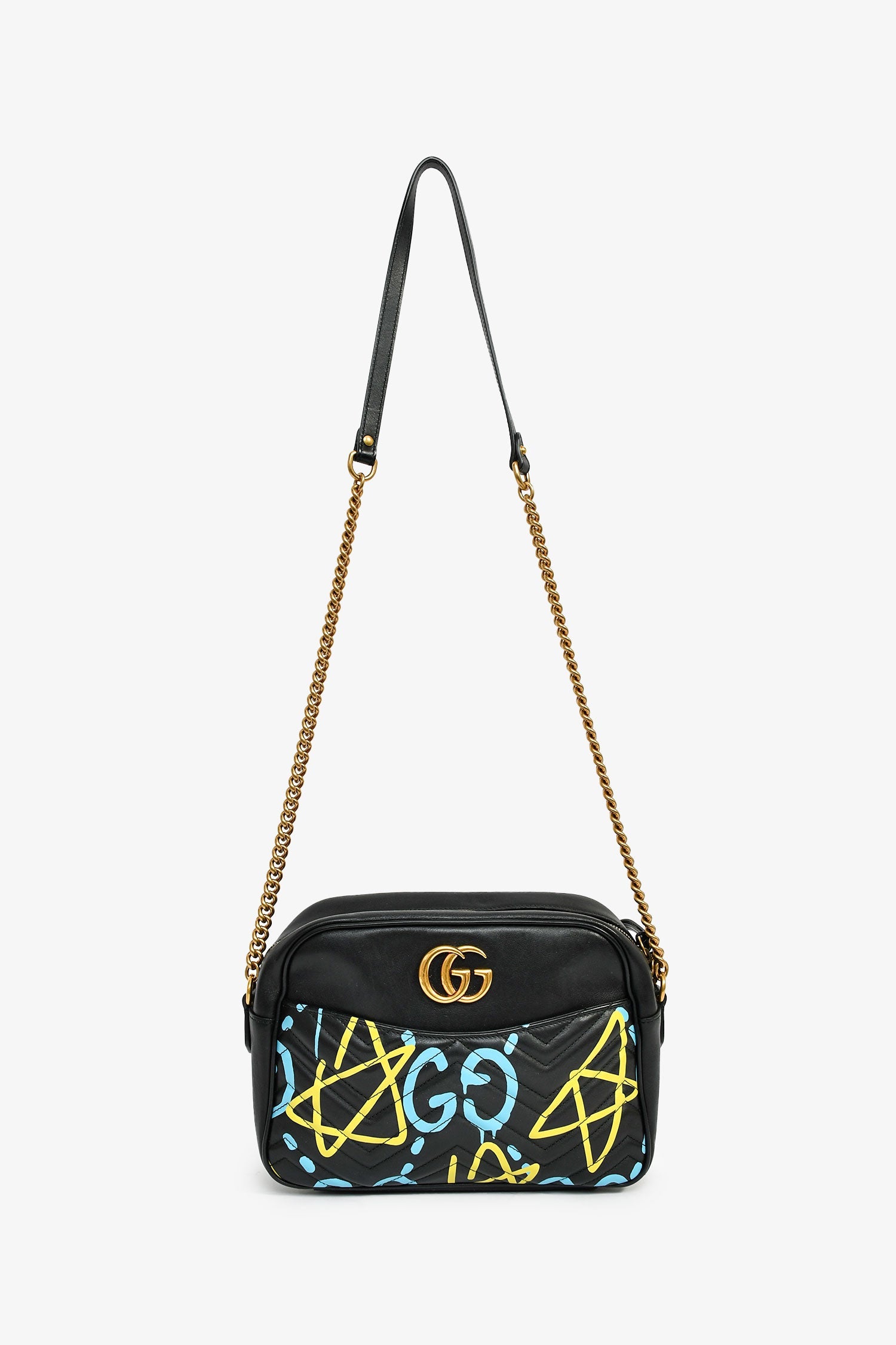 Gucci Black Leather GG Marmont Ghost Large Graffiti Shoulder Bag
