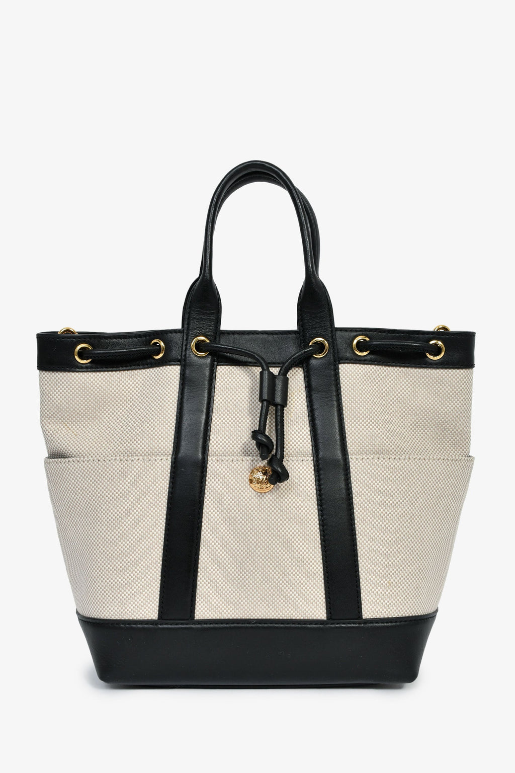 Veronica Beard Beige Canvas/Black Leather Tote With Strap