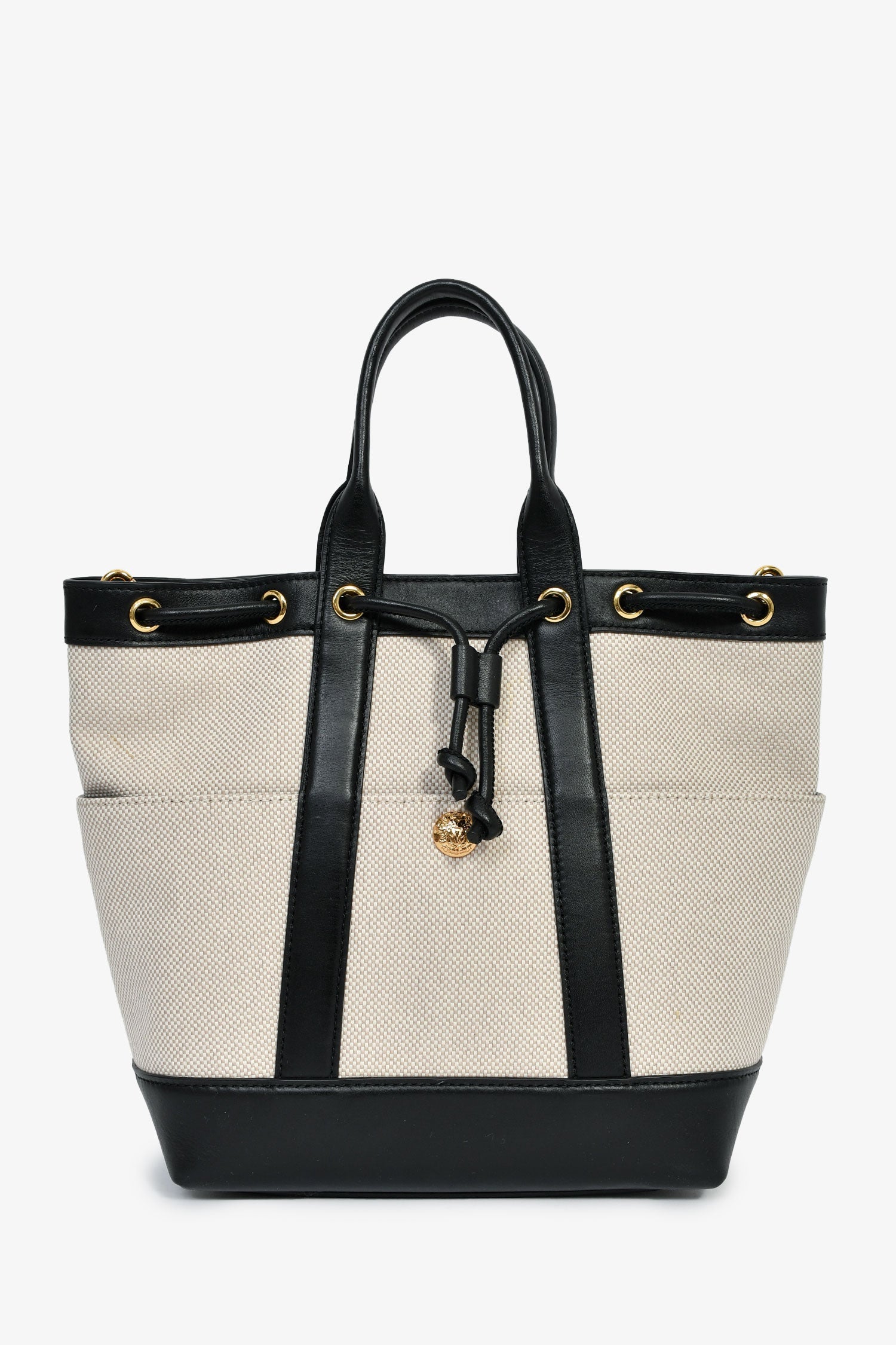 Veronica Beard Beige Canvas/Black Leather Tote With Strap