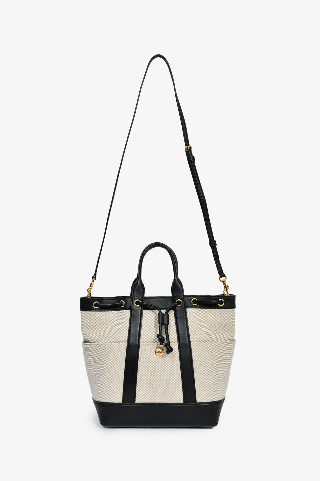 Veronica Beard Beige Canvas/Black Leather Tote With Strap