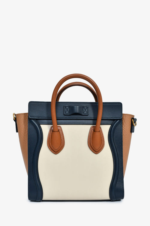 Celine 2015 Cream/Brown/Navy Blue Leather Tricolour Nano Luggage Tote