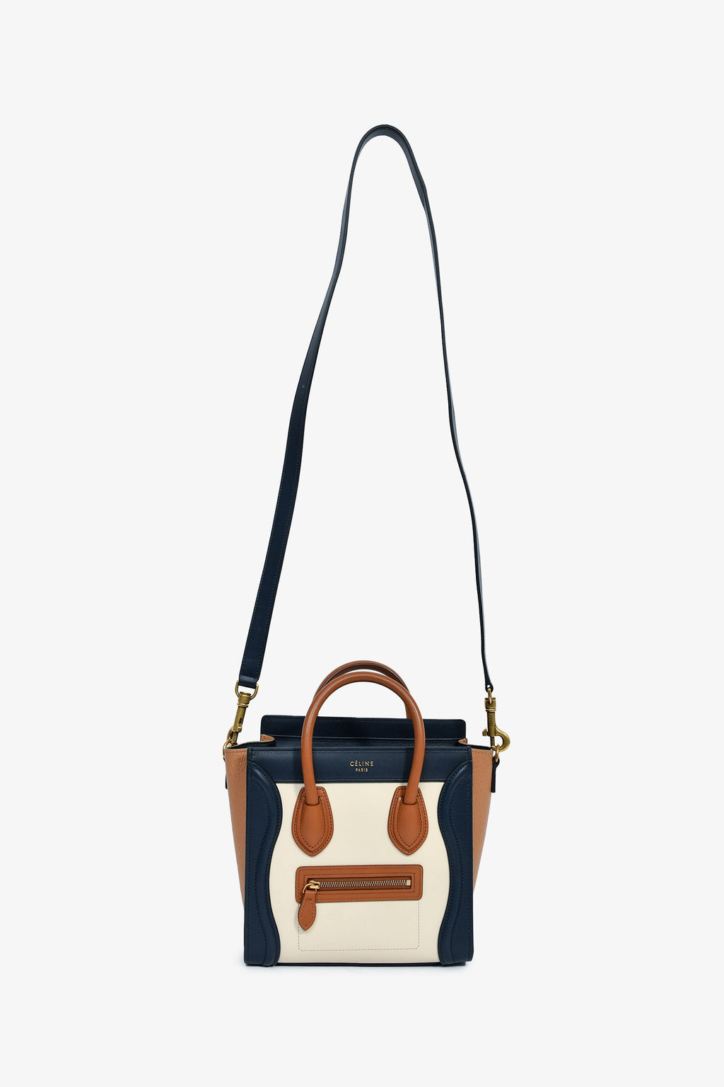 Celine 2015 Cream/Brown/Navy Blue Leather Tricolour Nano Luggage Tote
