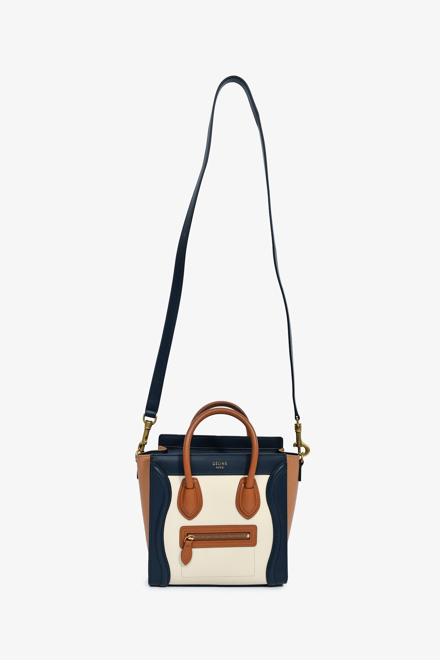 Celine 2015 Cream/Brown/Navy Blue Leather Tricolour Nano Luggage Tote