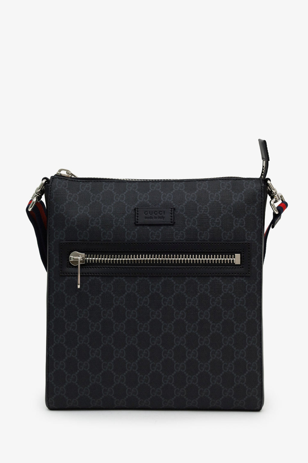 Gucci Black GG Monogram Web Flat Medium Messenger Bag