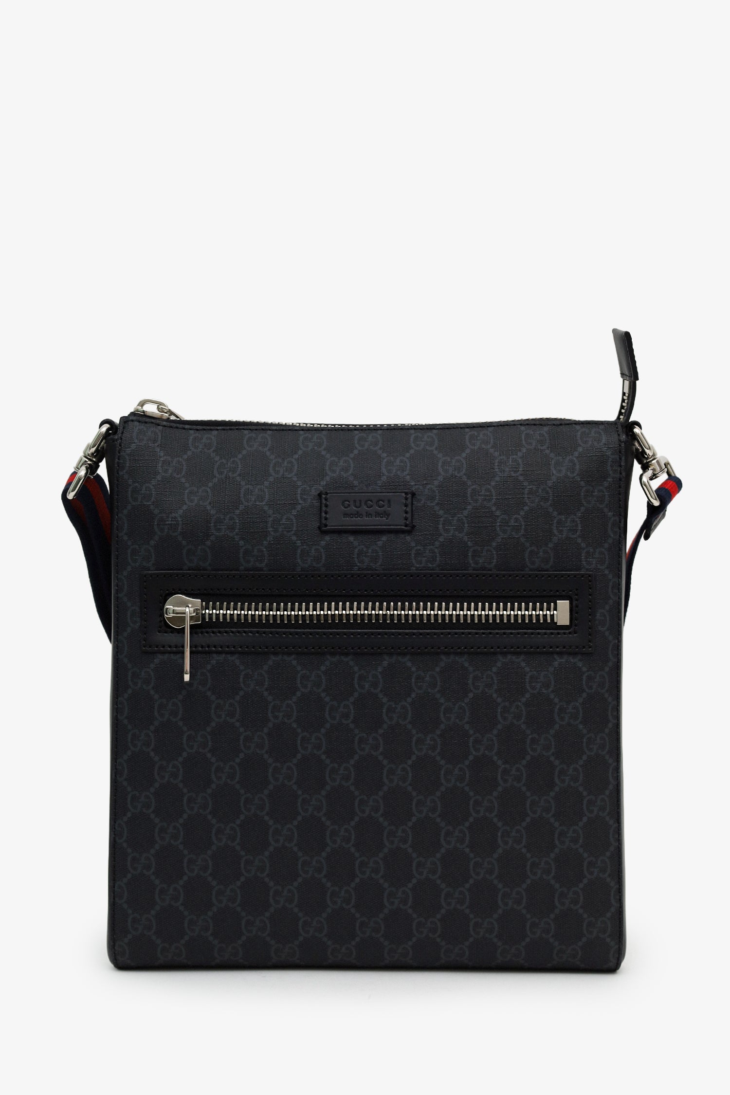 Gucci Black GG Monogram Web Flat Medium Messenger Bag