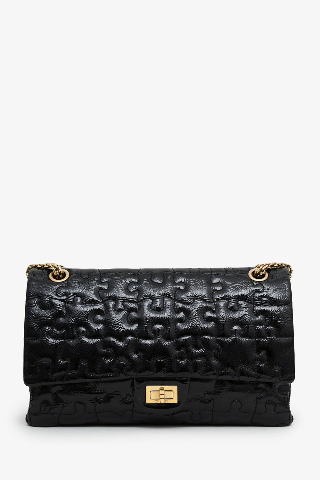 Pre-Loved Chanel™  2008-09 Black Crackled Patent Puzzle Reissue 2.55 Double Flap 226 Shoulder Bag