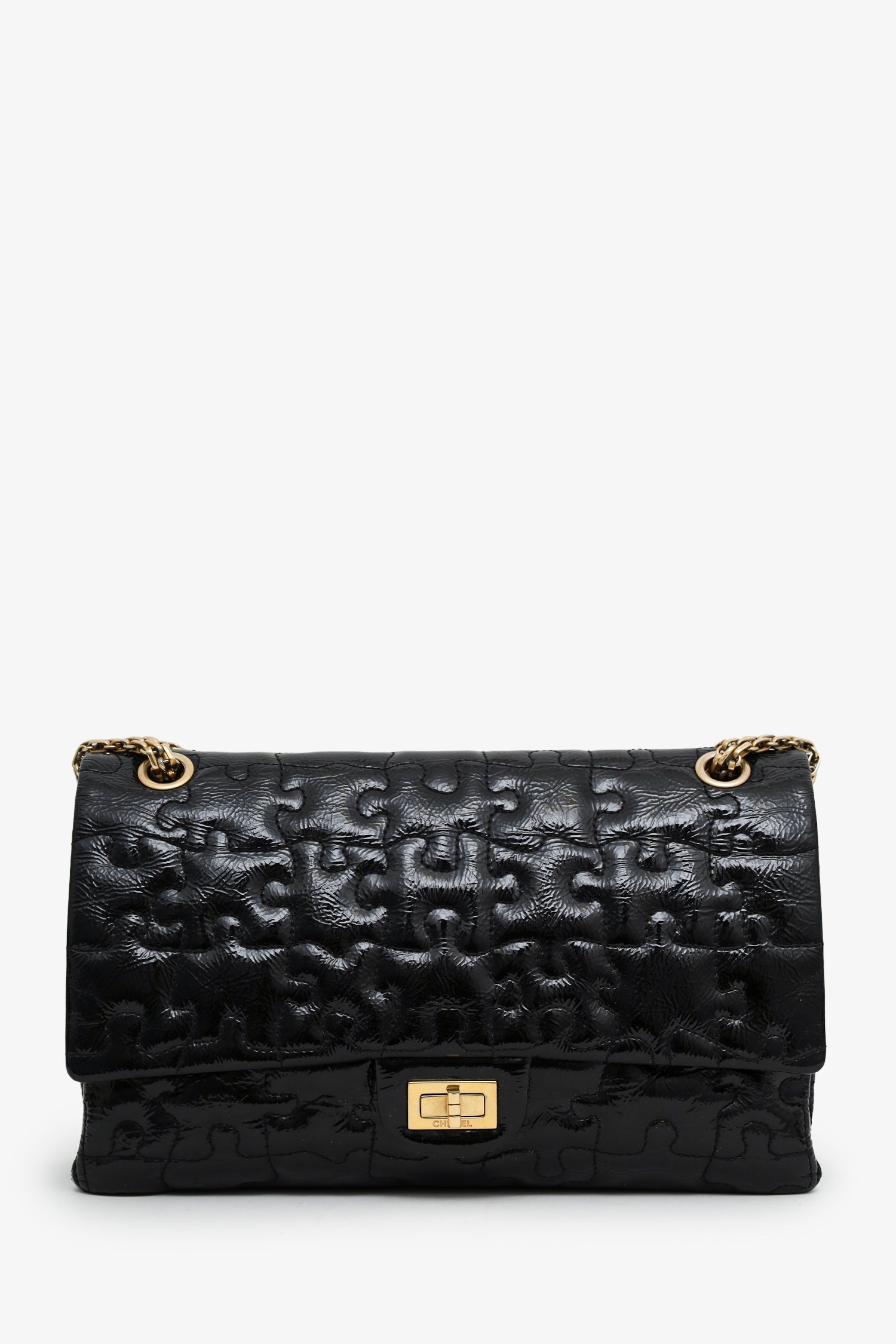 Pre-Loved Chanel™  2008-09 Black Crackled Patent Puzzle Reissue 2.55 Double Flap 226 Shoulder Bag