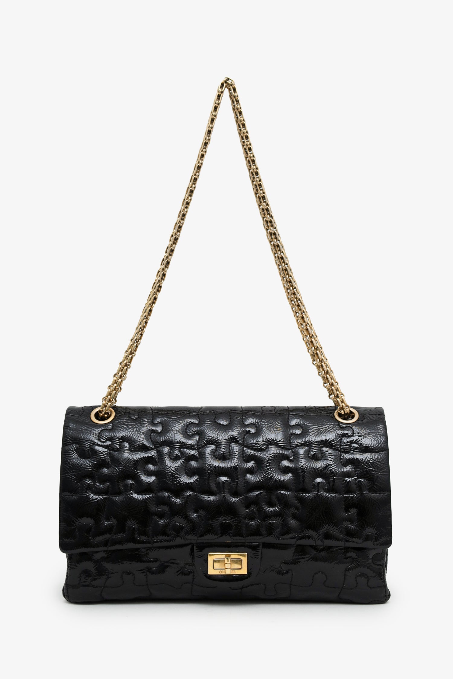 Pre-Loved Chanel™  2008-09 Black Crackled Patent Puzzle Reissue 2.55 Double Flap 226 Shoulder Bag