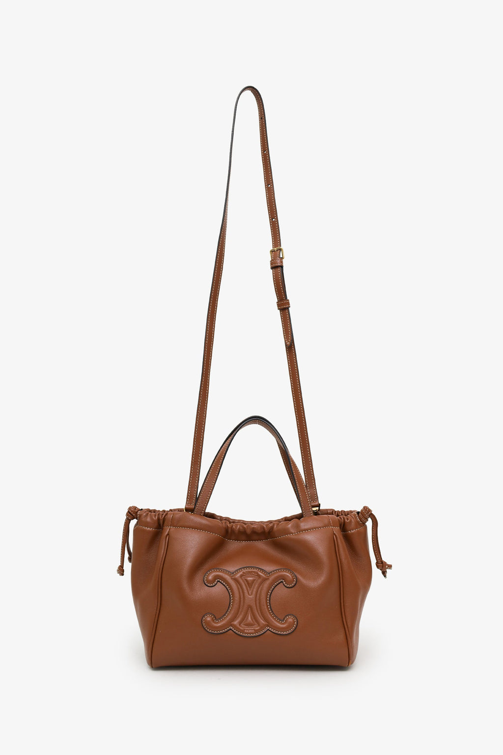 Celine 2024 Brown Leather Triomphe Cabas Drawstring Small Top Handle Bag With Strap
