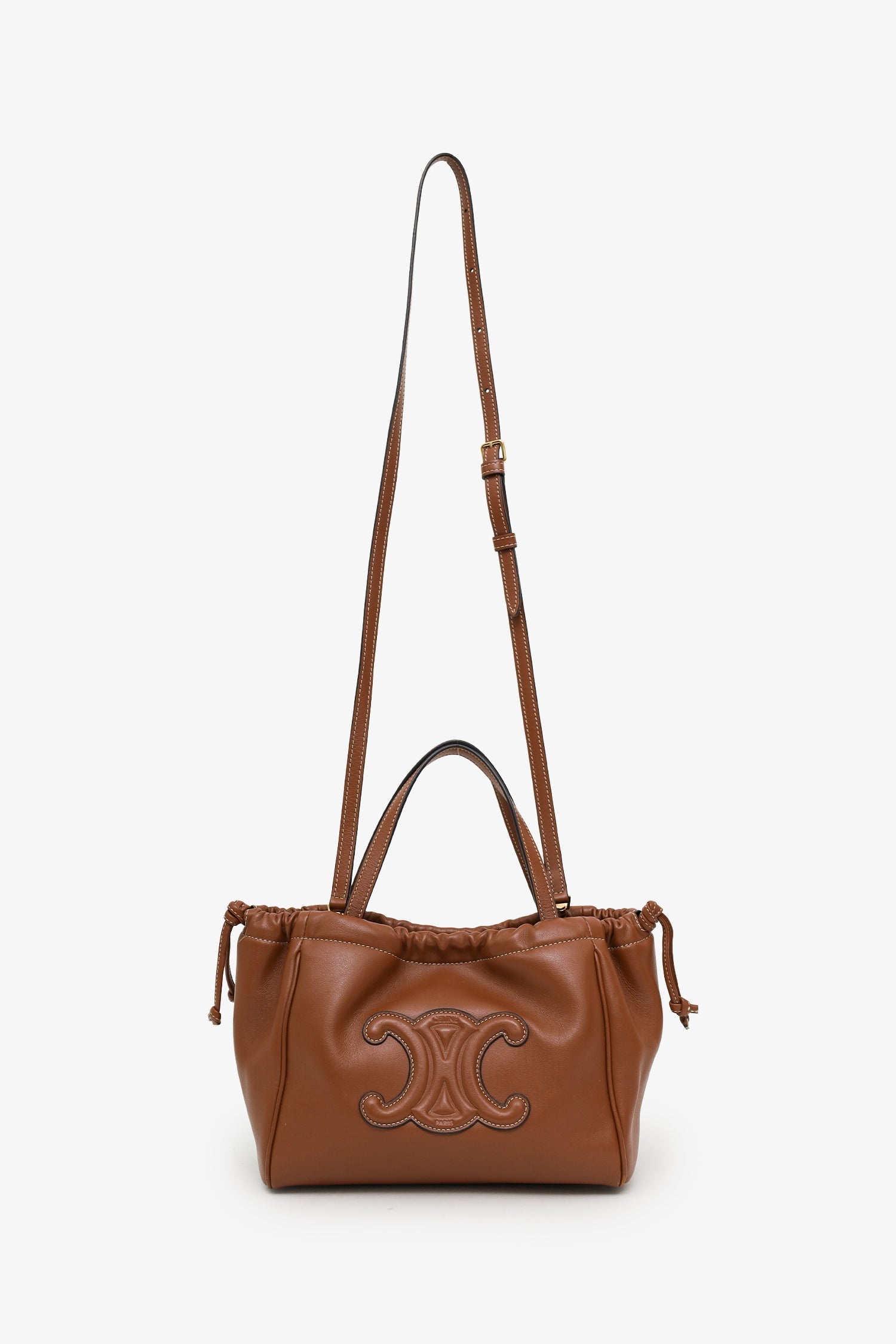 Celine 2024 Brown Leather Triomphe Cabas Drawstring Small Top Handle Bag With Strap
