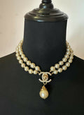 Chanel Vintage Double-Strand Pearl & Crystal CC Pendant Necklace