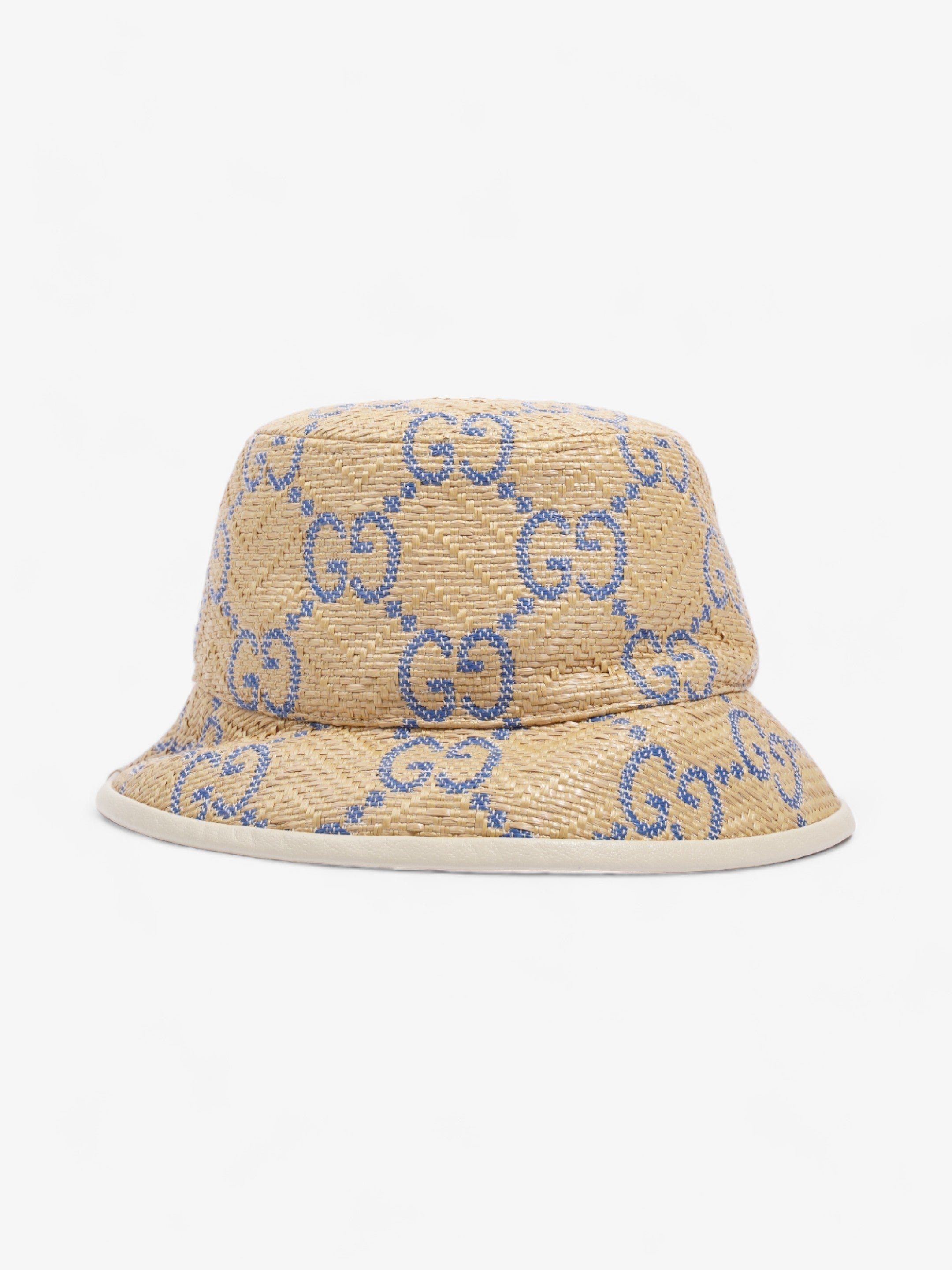 Gucci GG Raffia Effect Bucket Hat Natural / Blue Polyamide Large