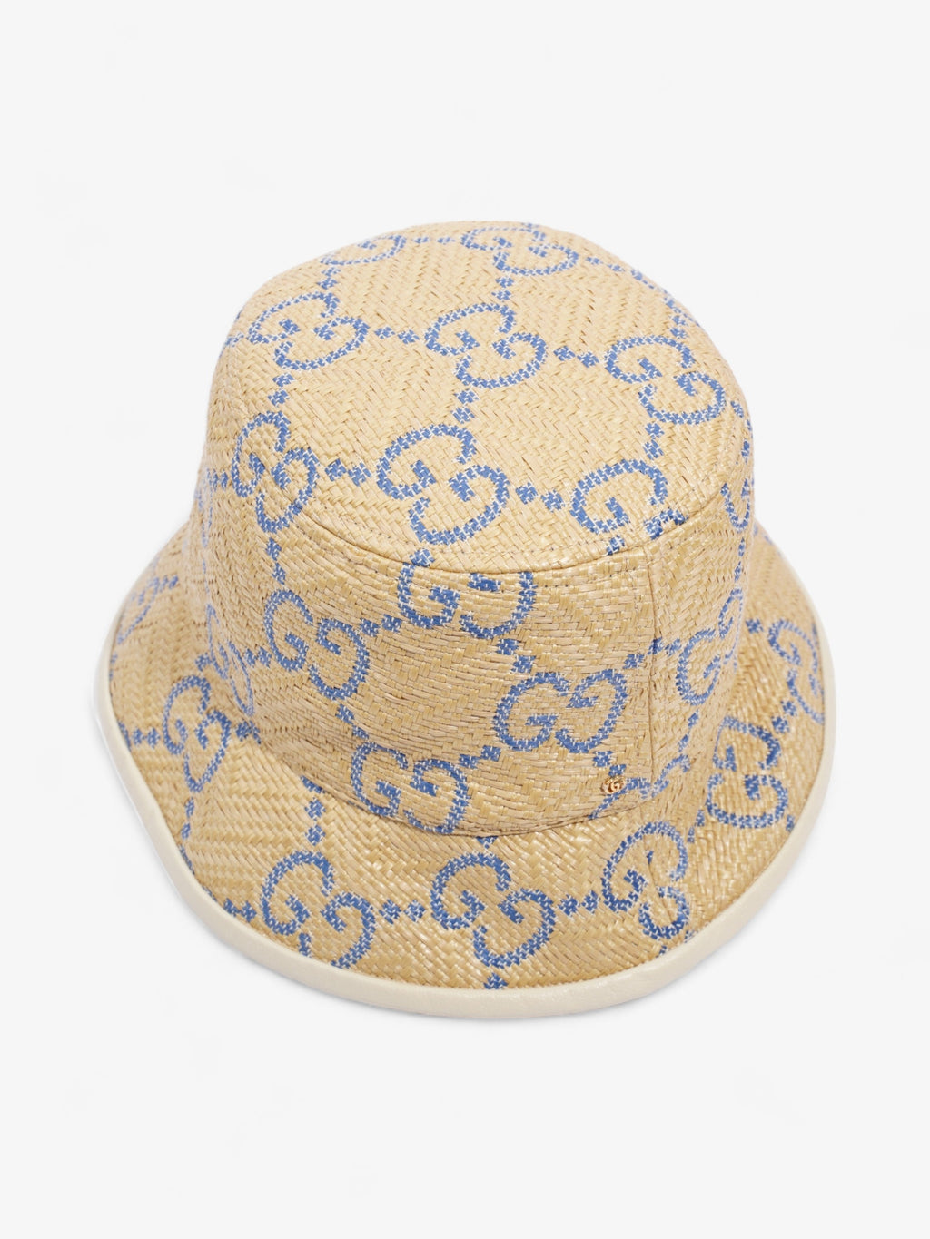 Gucci GG Raffia Effect Bucket Hat Natural / Blue Polyamide Large