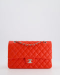 Chanel Scarlet Red Medium Classic Double Flap Bag in Lambskin Leather with Silver Hardware
