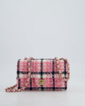 Chanel Pink, White Black Tweed Mini Rectangular Single Flap Bag with Champagne Gold Hardware