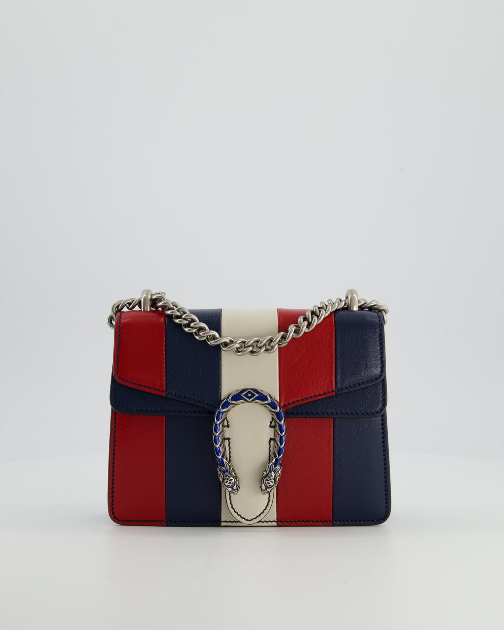 Gucci Red, Navy & Cream GG Small Dionysus Bag in Goatskin Leather with Brushed Silver & Enamel Hardware