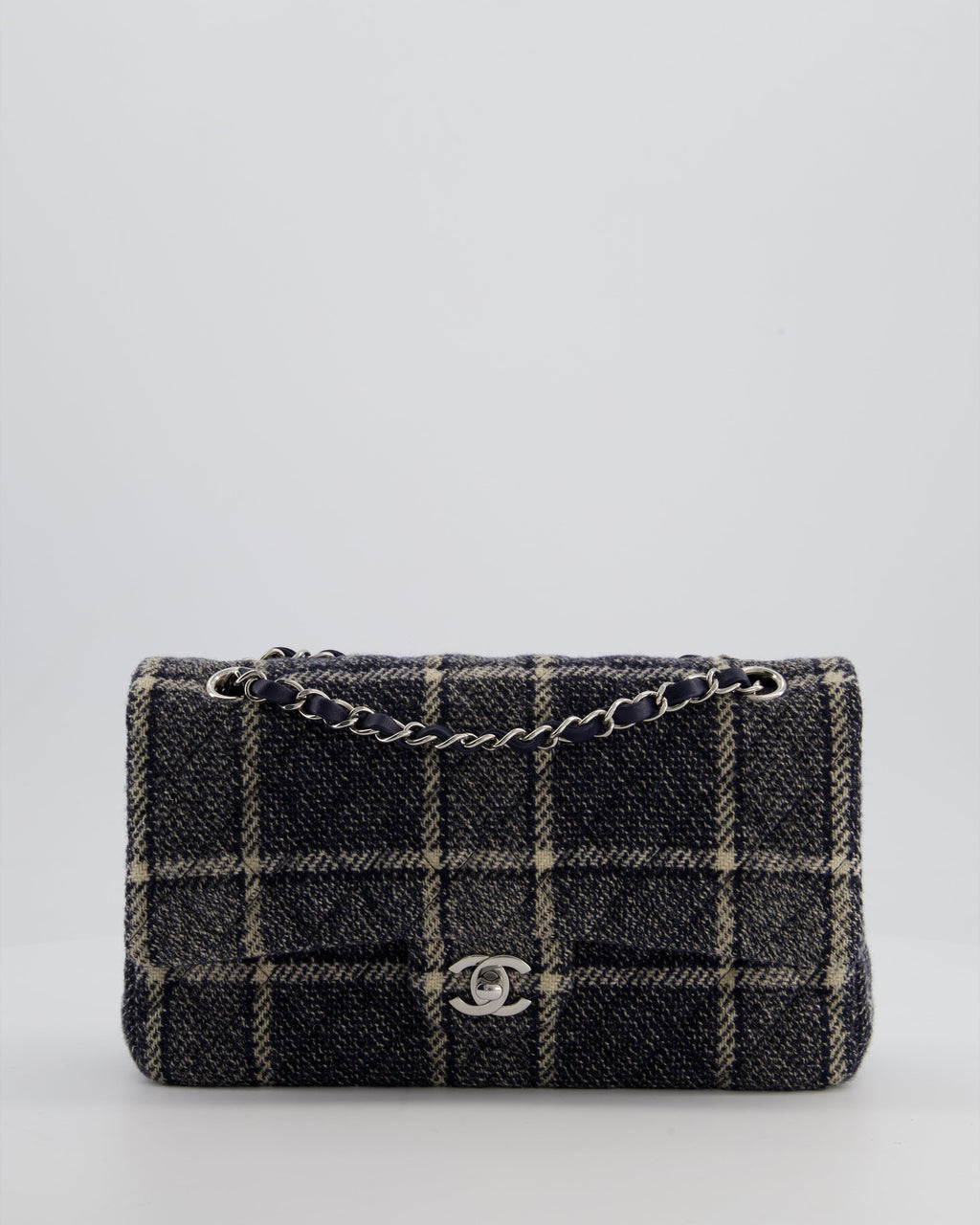 Chanel Medium Classic Double Flap Bag in Navy and Cream Tweed Check Fabric with Silver Hardware
