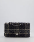 Chanel Medium Classic Double Flap Bag in Navy and Cream Tweed Check Fabric with Silver Hardware