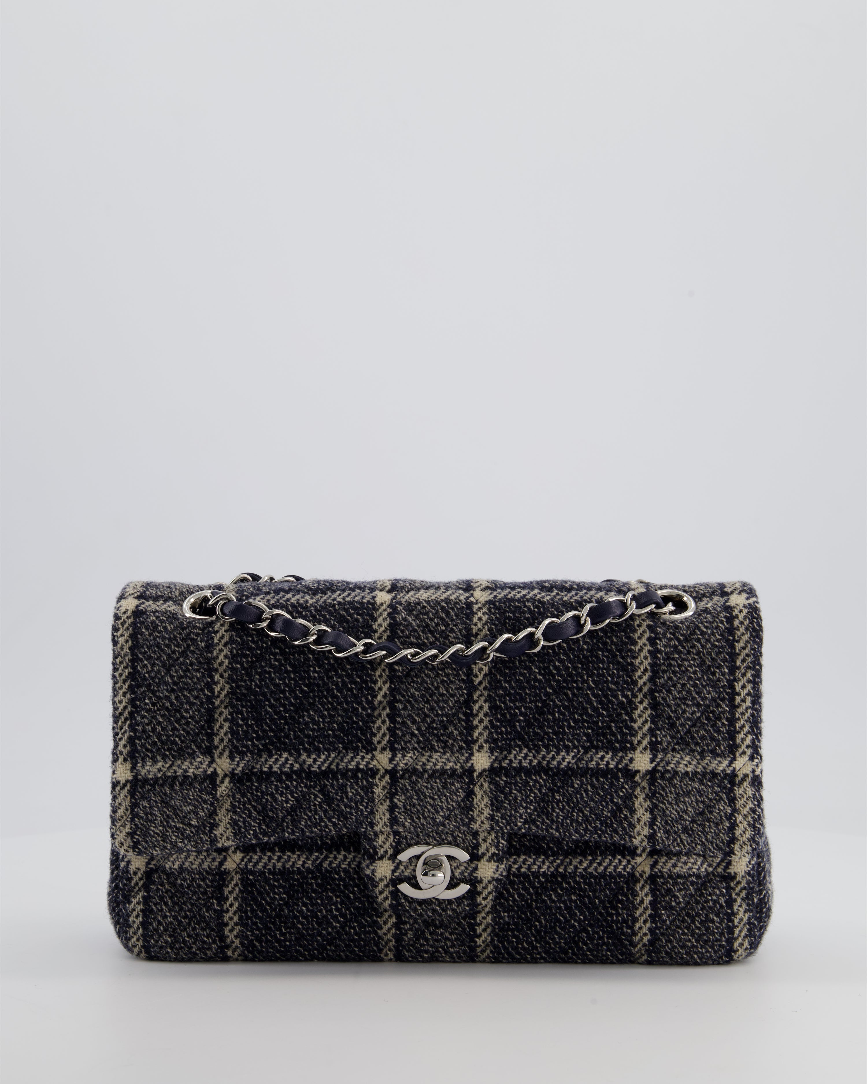 Chanel Medium Classic Double Flap Bag in Navy and Cream Tweed Check Fabric with Silver Hardware