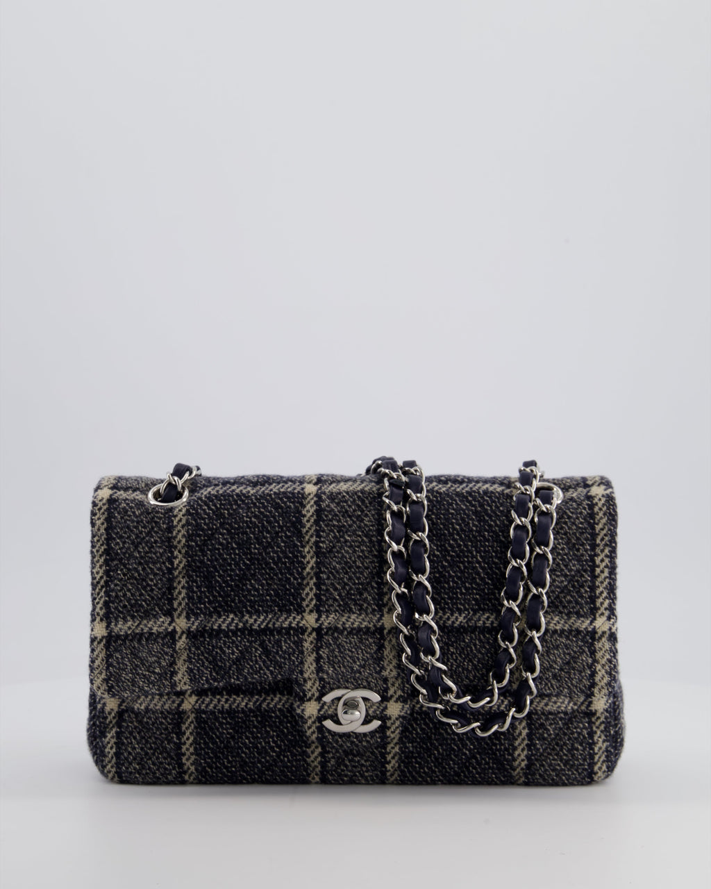 Chanel Medium Classic Double Flap Bag in Navy and Cream Tweed Check Fabric with Silver Hardware