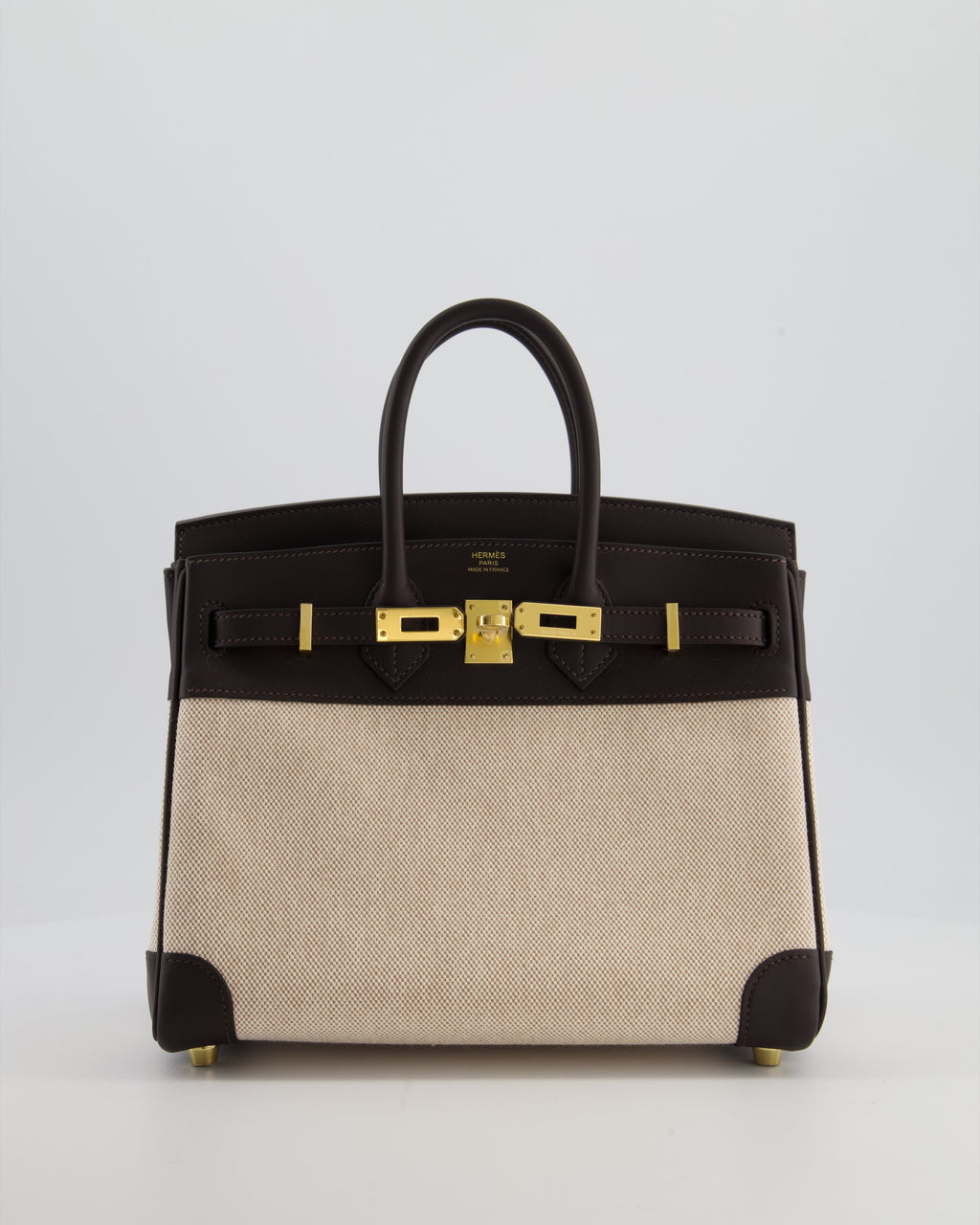 *RARE* Hermès Birkin 25 Retourne Bag in Ecru/Beige Toile H Canvas and Bai Brun Swift Leather with Gold Hardware