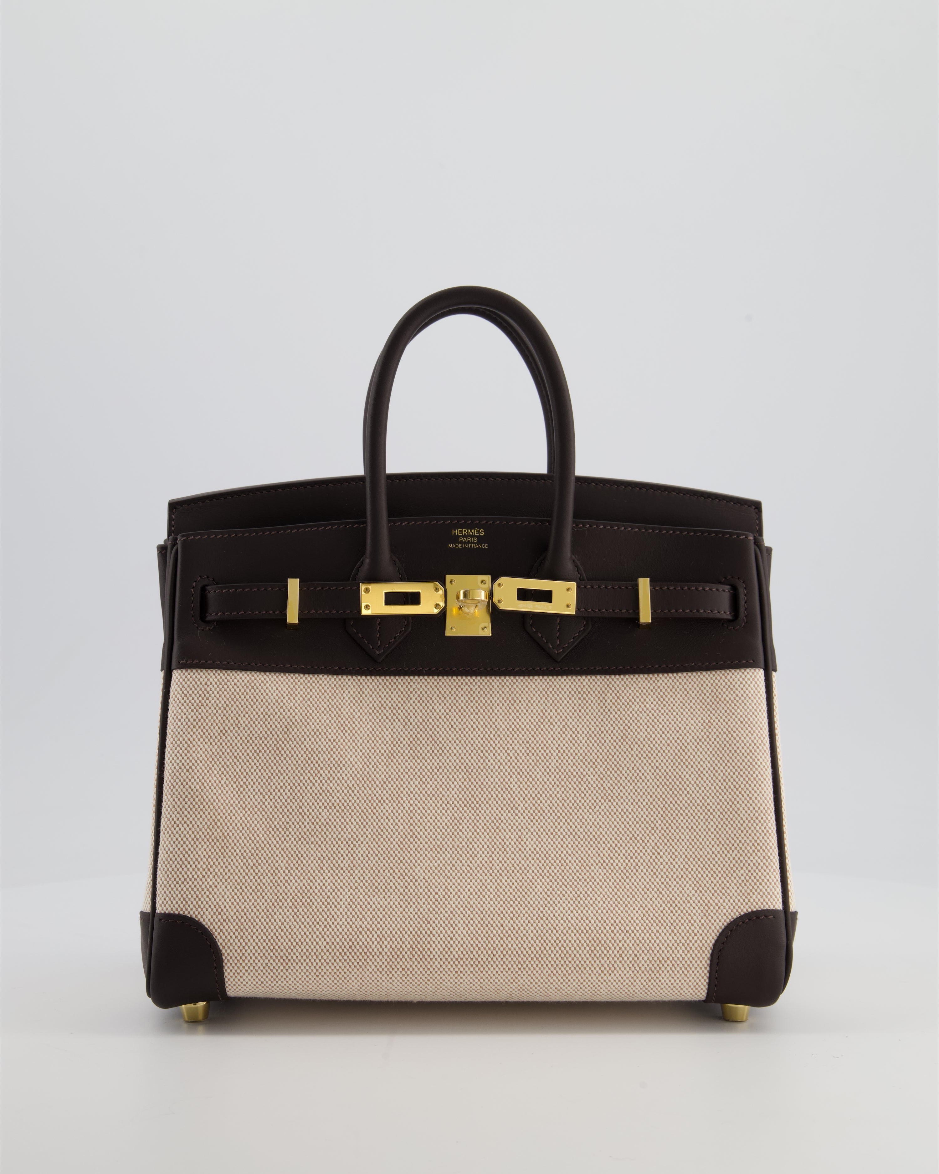 *RARE* Hermès Birkin 25 Retourne Bag in Ecru/Beige Toile H Canvas and Bai Brun Swift Leather with Gold Hardware