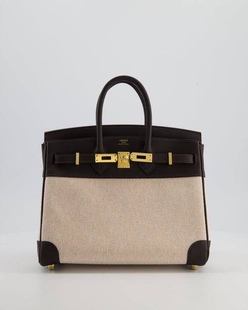*RARE* Hermès Birkin 25 Retourne Bag in Ecru/Beige Toile H Canvas and Bai Brun Swift Leather with Gold Hardware