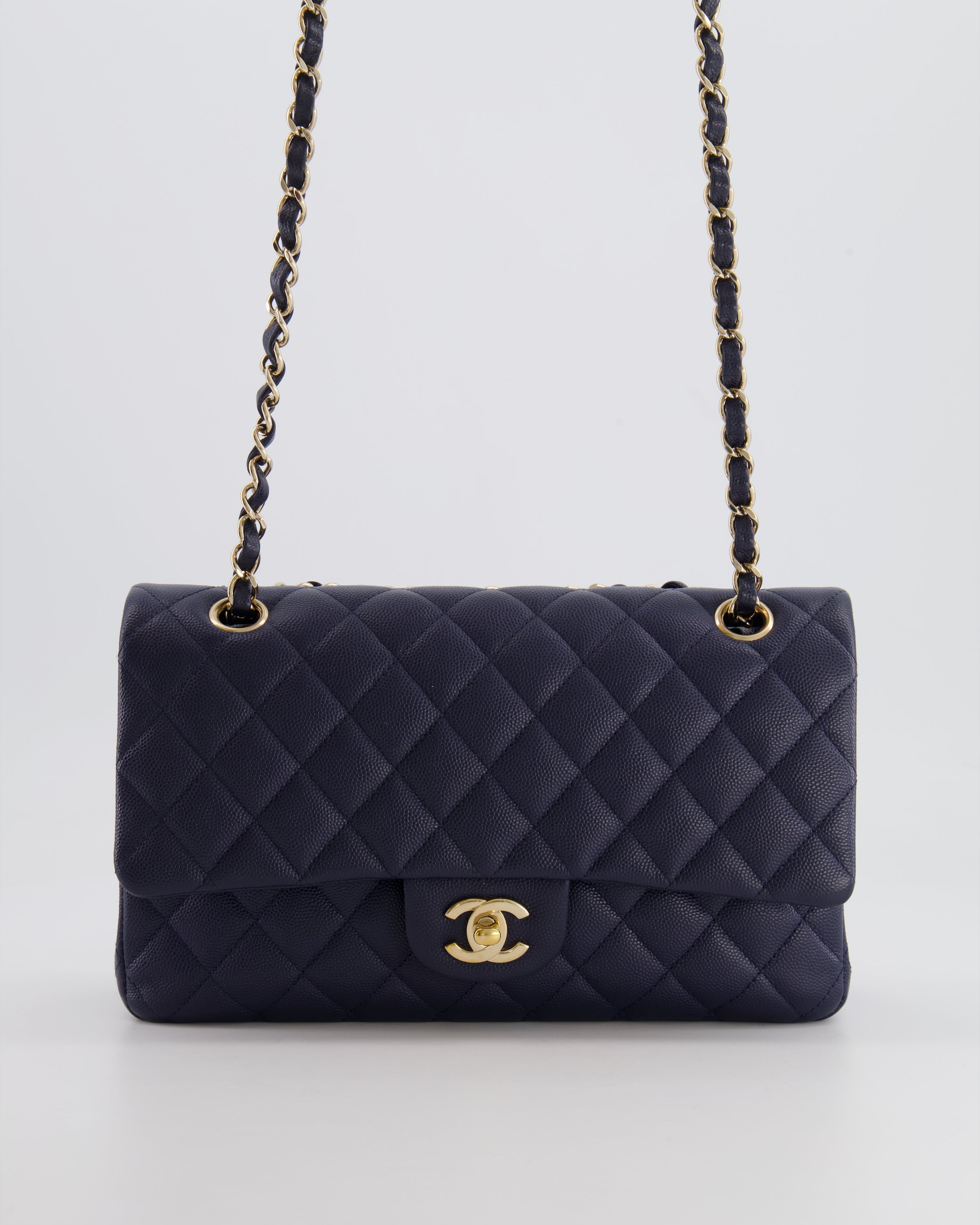 *RARE COLOUR* Chanel Classic Medium Double Flap Bag in Navy Blue Caviar Leather with Champagne Gold Hardware
