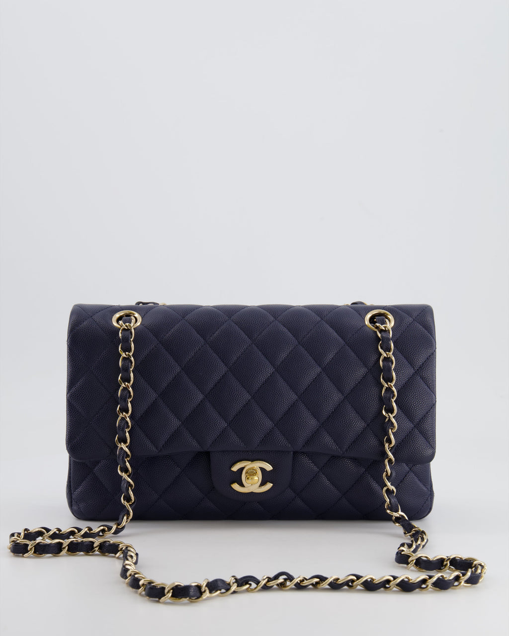 *RARE COLOUR* Chanel Classic Medium Double Flap Bag in Navy Blue Caviar Leather with Champagne Gold Hardware