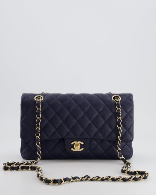 *RARE COLOUR* Chanel Classic Medium Double Flap Bag in Navy Blue Caviar Leather with Champagne Gold Hardware