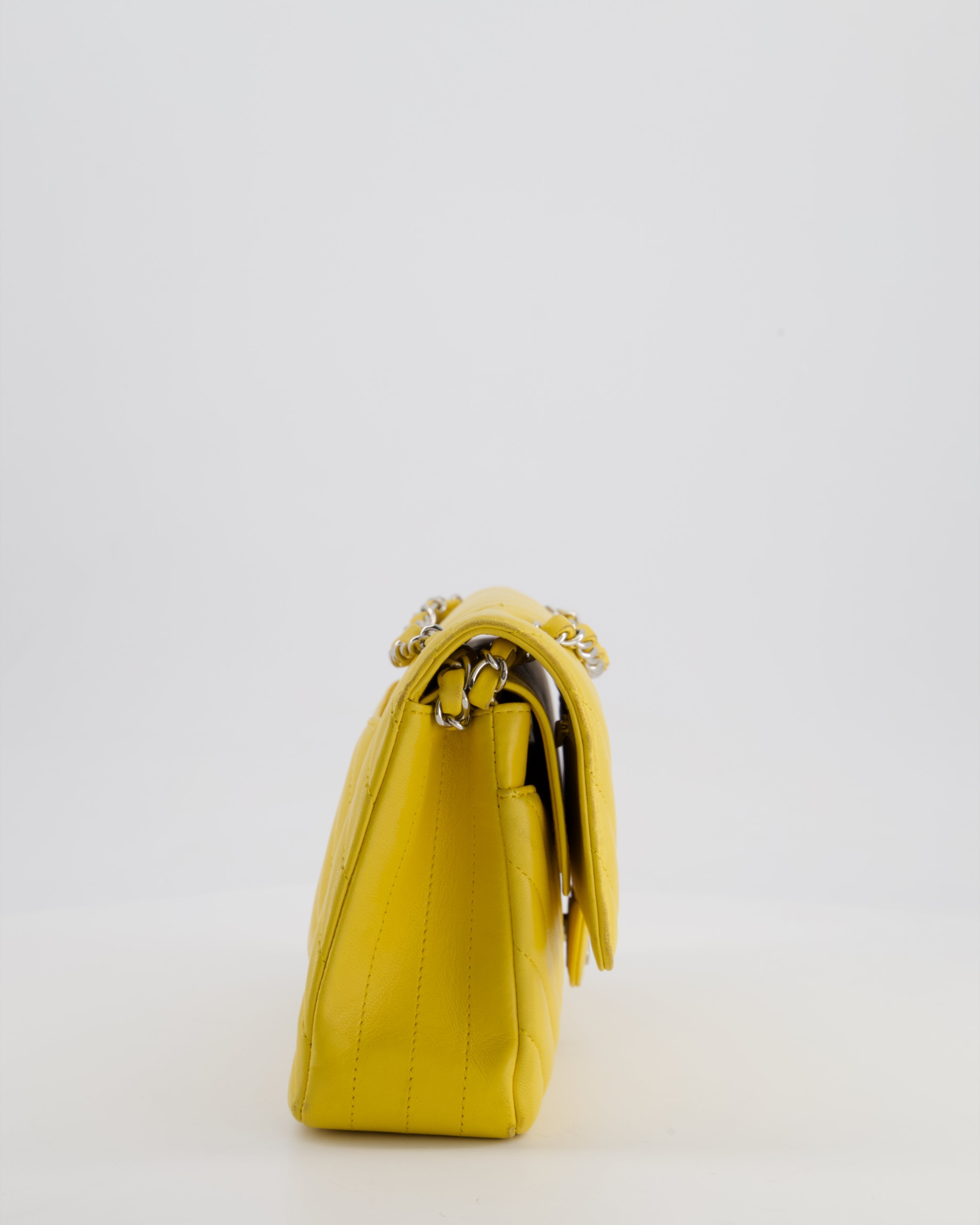 Chanel Yellow Chevron Medium Classic Double Flap Bag in Lambskin with Silver Hardware