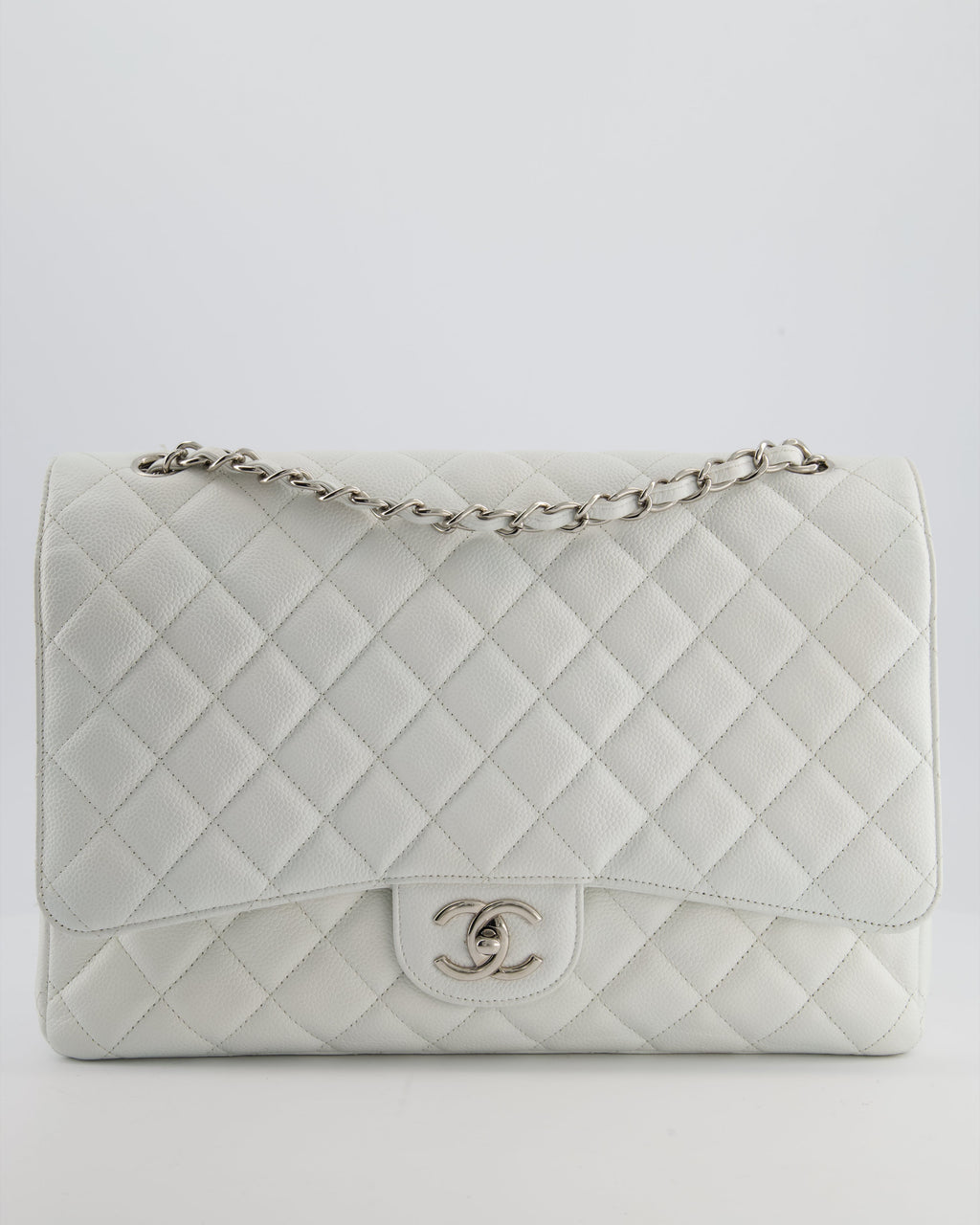 Chanel White Classic Maxi Double Flap Bag in Caviar Leather with Silver Hardware