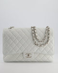 Chanel White Classic Maxi Double Flap Bag in Caviar Leather with Silver Hardware