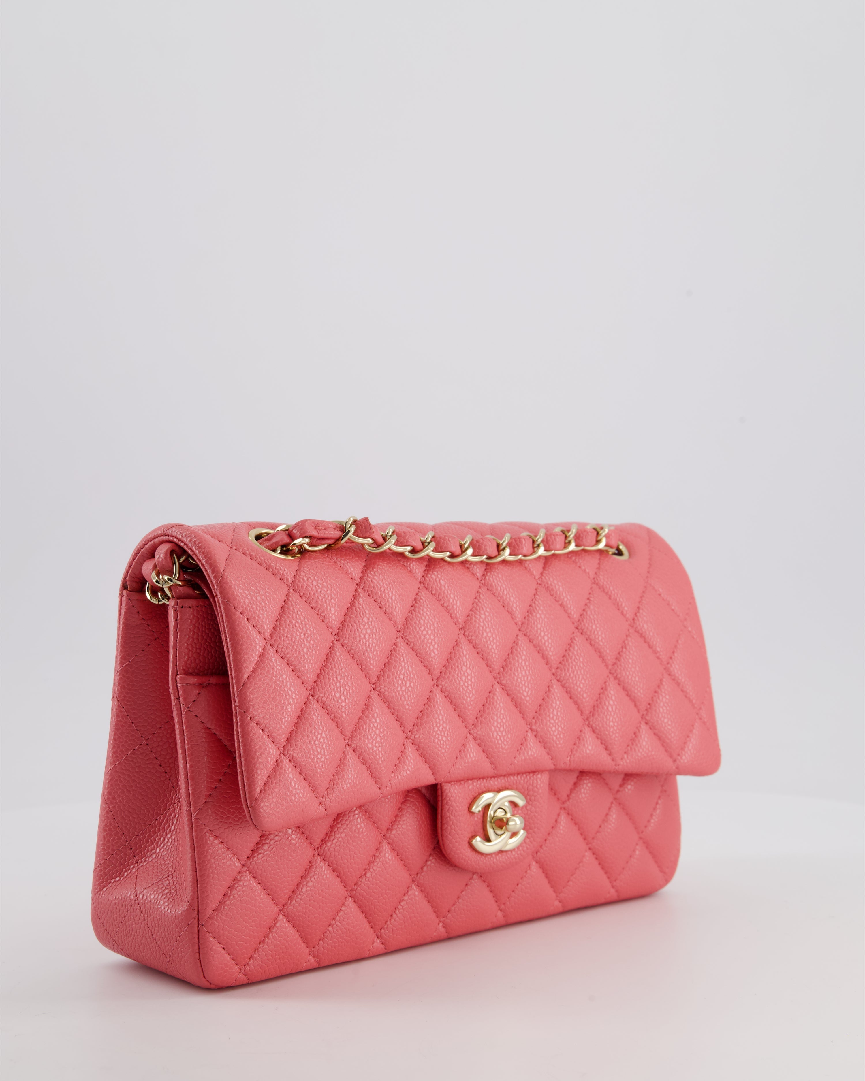 *HOT* Chanel Coral Pink Classic Medium Double Flap Bag in Caviar Leather with Champagne Gold Hardware