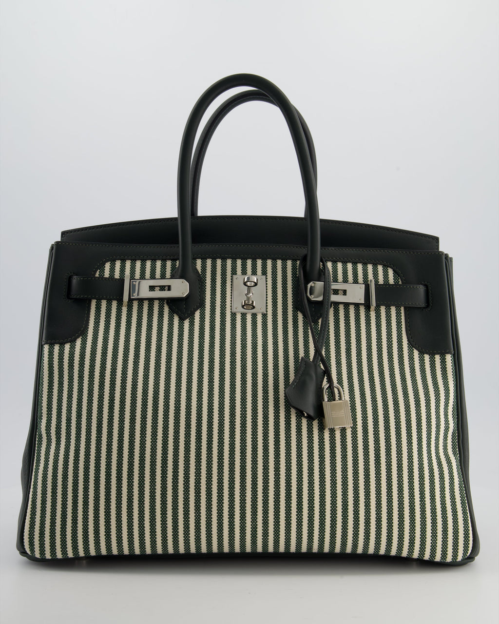 Hermès Birkin 35 Retourne Bag in Ecru & Vert Anglais Toile Riga & Swift Leather with Palladium Hardware