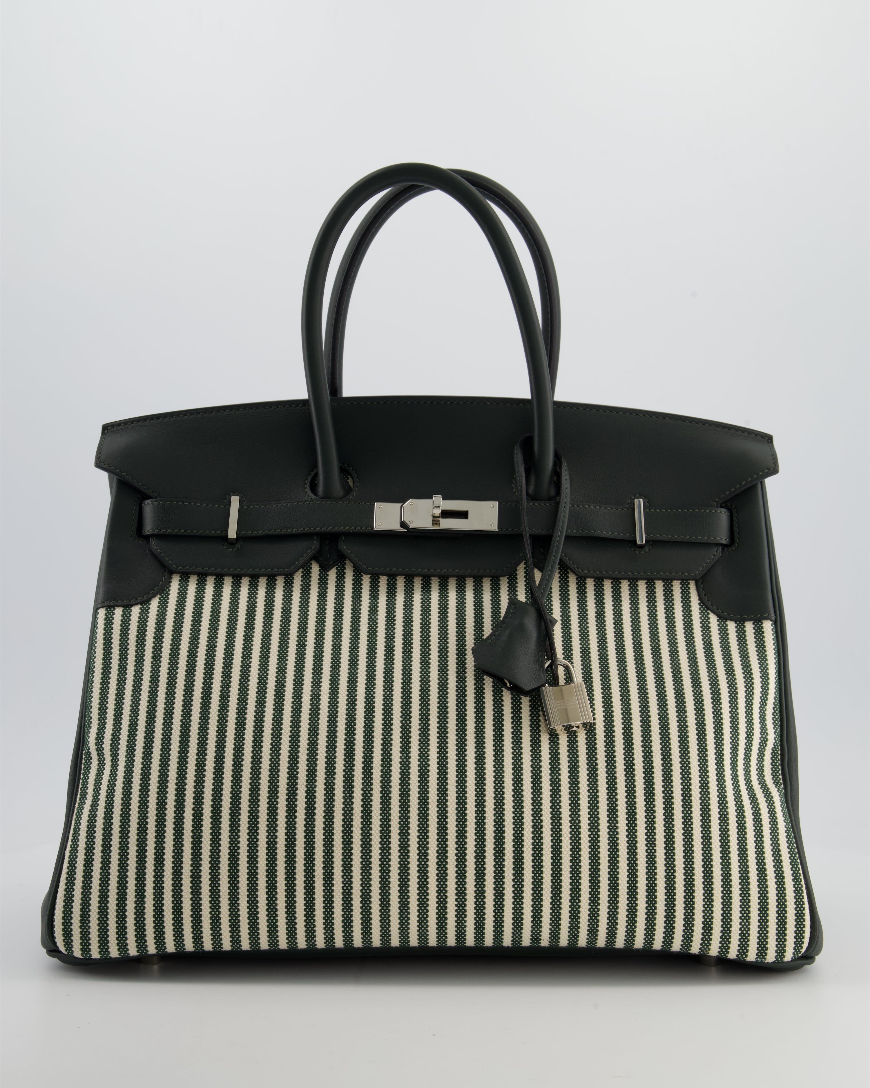 Hermès Birkin 35 Retourne Bag in Ecru & Vert Anglais Toile Riga & Swift Leather with Palladium Hardware