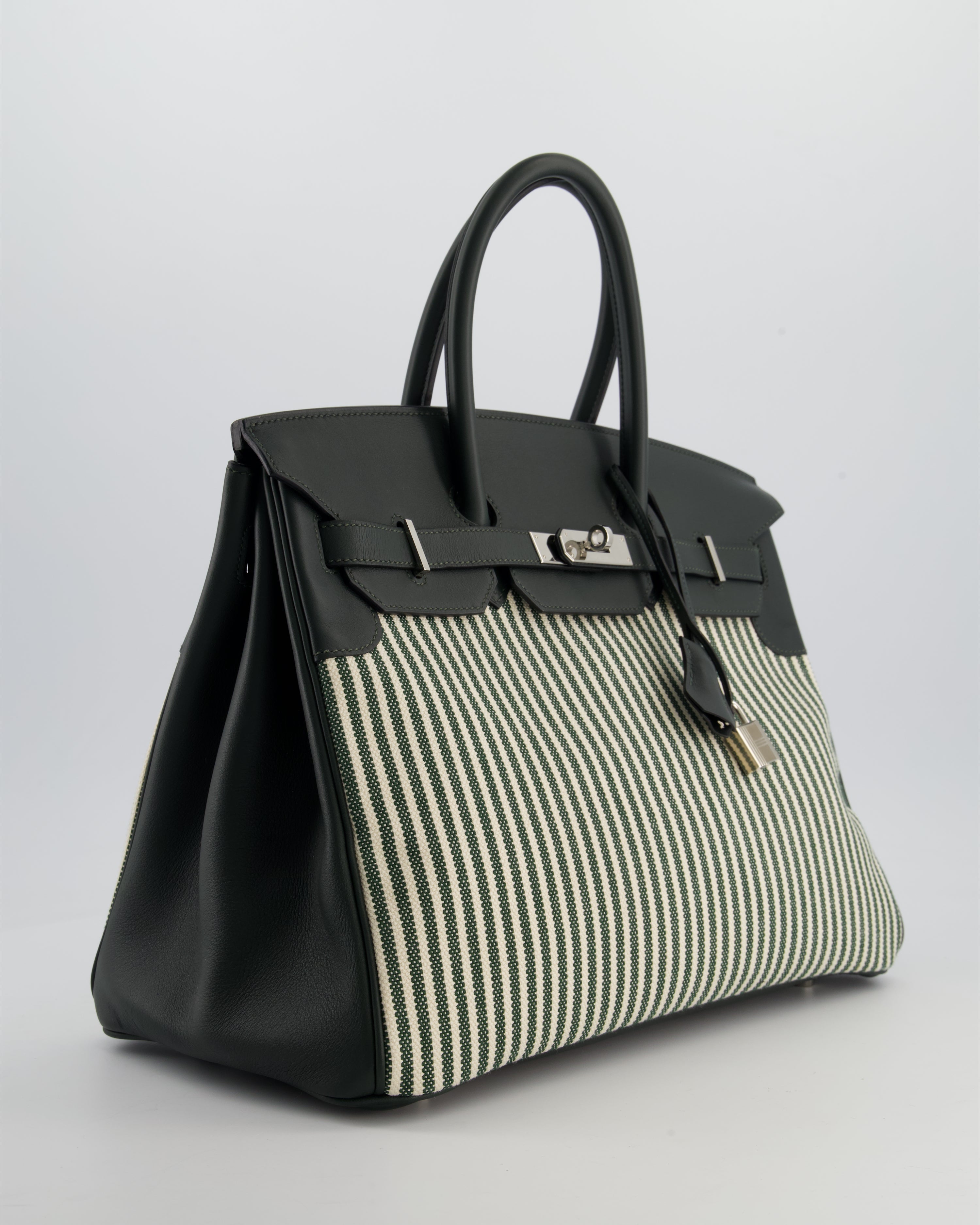 Hermès Birkin 35 Retourne Bag in Ecru & Vert Anglais Toile Riga & Swift Leather with Palladium Hardware