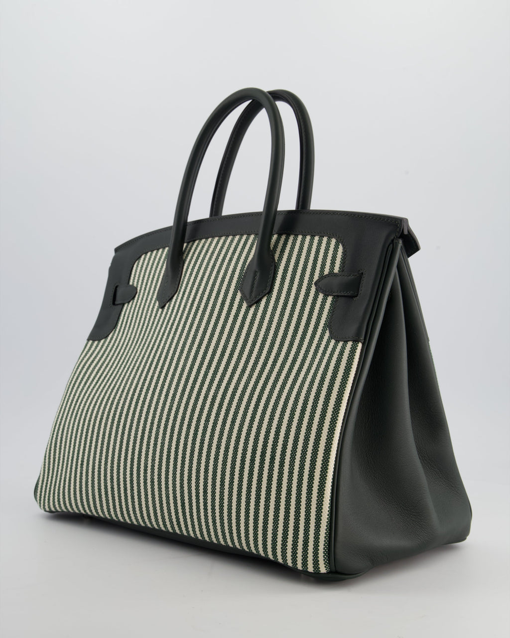 Hermès Birkin 35 Retourne Bag in Ecru & Vert Anglais Toile Riga & Swift Leather with Palladium Hardware