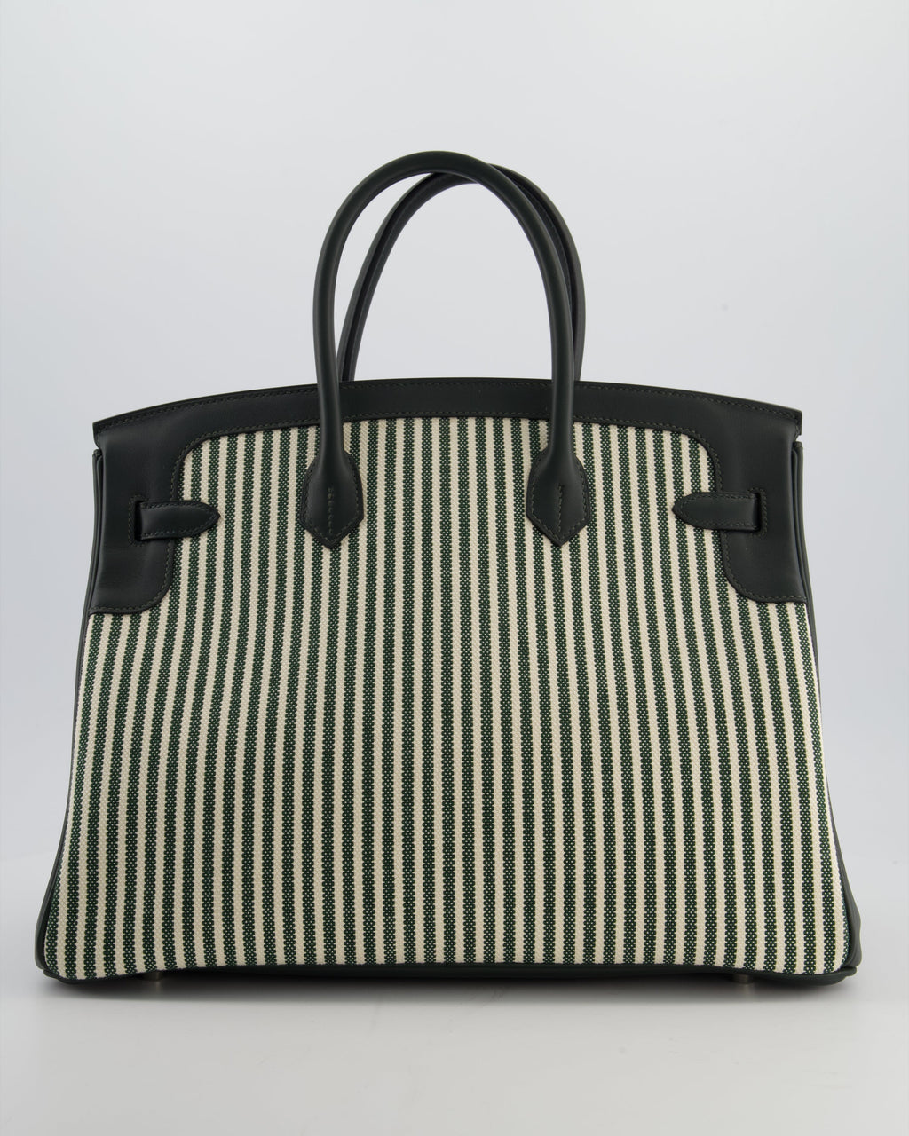 Hermès Birkin 35 Retourne Bag in Ecru & Vert Anglais Toile Riga & Swift Leather with Palladium Hardware